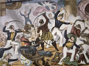 Kuninkaallisen laivaston merimiehet nousevat Algerinan merirosvolaivaan, n. 1820 (väri litho) tekijältä American School