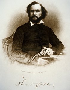 Samuel Colt pitelee yhtä lyömäsoittimien revolvereistaan (kaiverrus) tekijältä American School