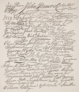 Allekirjoituksia itsenäisyysjulistukseen, 1776, kuvitus Cassells Illustrated History of Englandista (seepiakuva) tekijältä American School