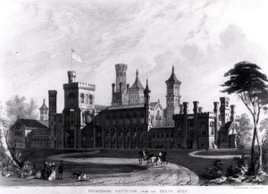Smithsonian Institution lounaisosasta, Robert D. Owenin teoksesta "Hints on Public Architecture", kaiverrus Sarony und Major, 1849 tekijältä American School