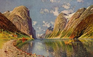 Sogne Fjord Norjan rannikolla (väri litho) tekijältä American School