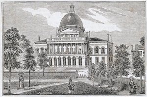 Eteläinen näkymä Bostonin osavaltion talosta Beacon Streetillä, "Massachusettsin historialliset kokoelmat", John Warner Barber, kaiverrus S. E. Brown, 1839 tekijältä American School