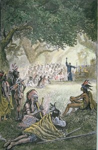 Espanjalaiset jesuiittalähetyssaarnaajat käännyttämässä alkuperäiskansoja Kaliforniassa 1600-luvulla (värilitho) tekijältä American School