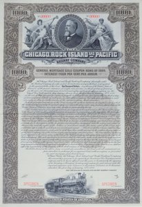 1000 dollarin joukkovelkakirjatodistuksen näyte Chicagon, Rock Islandin ja Pacific Railway Companylle, 1898 tekijältä American School