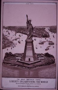 Vapaudenpatsas "pystytetään Bedloen saarelle", printti vuodelta 1885 (kaiverrus) tekijältä American School