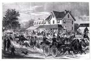Street Scene New Yorkissa, kuvitus New Yorkista 1800-luvulla tekijältä American School