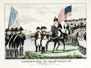 Cornwallisin antautuminen York Townissa, VA:ssa, lokakuussa 1781, pub. Currier  Ives tekijältä American School