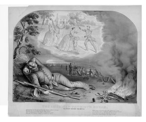 Amerikkalaiset patriootit unelmoivat taistelua edeltävänä yönä, pubissa. kirjoittanut Currier & Ives, 1861