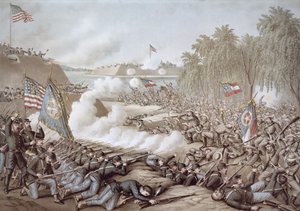 Korintin taistelu, 3.-4. lokakuuta 1862, jossa näkyvät pohjoisen ja etelän liput, kirjoittaja Kurz & Allison (väri litho) tekijältä American School