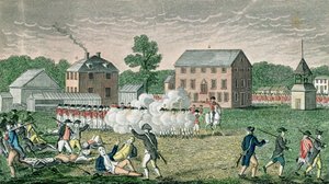 Lexingtonin taistelu, 19. huhtikuuta 1775, "Connecticut Historical Collections", John Warner Barber, kaiverrus A. Doolittle, 1832 tekijältä American School