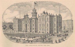 Oikeustalo ennen tulipaloa, painanut Moss Engraving Co., New York, kuva julkaisusta History of Chicago voi. 2, Alfred Theodore Andreas, julkaistu 1885 tekijältä American School