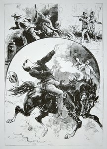 The Dalton Gang, jonka Coffeyvillen raivokkaat kansalaiset ampuivat alas "National Police Gazette" -lehdestä, 5. lokakuuta 1892 (kaiverrus) tekijältä American School
