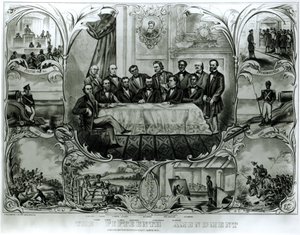 Viidestoista muutos, jonka allekirjoitti presidentti Ulysses S. Grant (1822-85) maaliskuu 1870 (litho) (mustavalkoinen kuva) tekijältä American School
