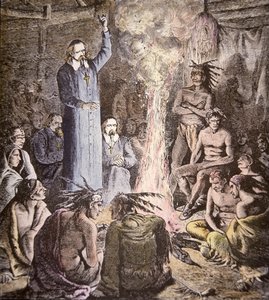 Ranskalainen jesuiittalähetyssaarnaaja Brebeuf algonkiinien joukossa (värilitho) tekijältä American School