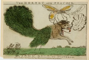 Hornet ja riikinkukko, tai John Bull hädässä, 1813 (etsaus kaiverruksella) tekijältä American School