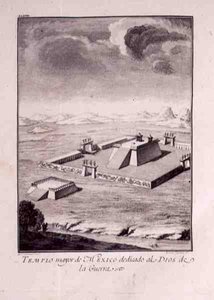 Meksikon päätemppeli, omistettu sodan jumalille, Antonio de Solis y Rivadeneira Solisin teoksesta "Meksikon valloituksen historia" 1783-84 (kaiverrettu levy) tekijältä American School