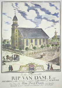 New Dutch Reformed Church, rakennettu Nassau- ja Liberty-katujen kulmaan New Yorkissa vuonna 1731 (värillinen kaiverrus) tekijältä American School