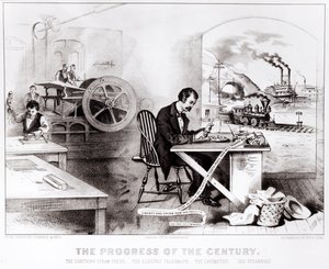 Vuosisadan edistys: Lightning Steam Press, Electric Telegraph, Locomotive and the Steamboat, pubi. kirjoittanut Currier & Ives, 1876 tekijältä American School