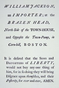 "Sons of Liberty", salainen liike, joka perustettiin vuonna 1765 vastustamaan brittiläisiä veroja (litho) tekijältä American School