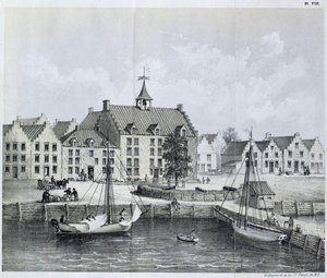 The Stadthuys of New York vuonna 1679, Corner of Pearl Street ja Coentijs Slip, Jasper Danckaertsin (s.1639) ja Peter Sluyterin (1645-1722) Journal of a Voyage to New York 1679-80 -julkaisusta, julkaistu 1867 tekijältä American School