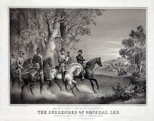 Kenraali Leen antautuminen, julkaisu: The Surrender of General Lee. 1866 (litografia) tekijältä American School