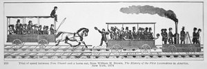 "Tom Thumb Locomotive" kilpailee hevosvetoautoa vastaan, William H. Brownin 1830 (litho) teoksesta "The History of the First Locomotives in America" tekijältä American School