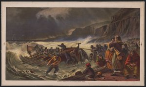 Lähtö, pelastusveneen vesillelasku, n. 1878 (kromolitografia) tekijältä American School