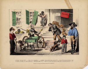 Ensimmäinen toukokuuta 1865 tai kenr. muuttopäivä Richmond Va., Lith. Kimmel & Forster, julkaisija H. & W. Voight, New York, 1865 tekijältä American School
