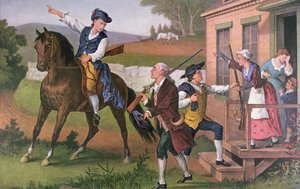 Minuuttimiesten käsivarsi toimia brittejä vastaan, pubi. kirjoittanut Currier & Ives tekijältä American School