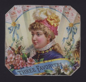 Kolme suosikkia, sikarin etiketti (chromolitho) tekijältä American School