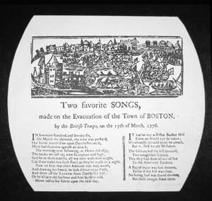 Kaksi suosikkikappaletta, jotka brittijoukot tekivät Bostonin evakuoinnissa 17. maaliskuuta 1776 (kaiverrus) tekijältä American School