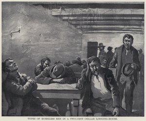 Asunnottomien miesten tyypit kahden sentin kellarimajatalossa (litho) tekijältä American School