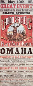 Union Pacific Railroadin juliste, joka mainostaa ensimmäistä mannertenvälistä rautatietä Yhdysvaltojen halki. tekijältä American School