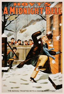 Vintage-juliste pojista, jotka heittelevät miestä lumipalloilla, 1890-99 tekijältä American School