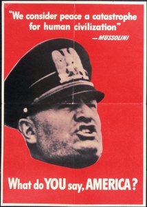 "Mitä sinä sanot AMERIKA?", Yhdysvaltain toisen maailmansodan juliste Mussolinin kasvoilla, Anon, n. 1942 tekijältä American School