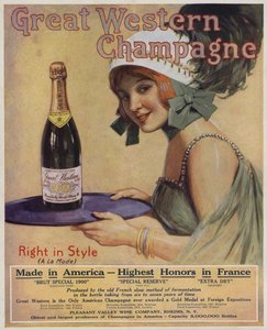 Nuori nainen samppanjapullon kanssa, Great Western Champagne -yhtiön mainos (värilitografia). tekijältä American School