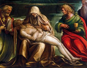 Pieta Pyhän Markuksen, Ambroseuksen, Johannes evankelistan, Pyhän Antoniuksen apotti kanssa, kirjoittanut Amico Aspertini, noin 1519, tempera kankaalle