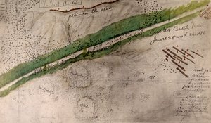 Topografinen kartta Little Big Hornin taistelukentästä (hiili ja muste paperille)