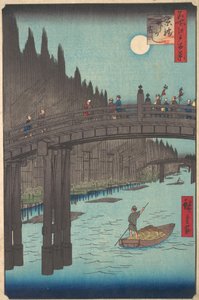 Full Moon Over Canal, silta ja valtavat bambupinot pankin varrella, n. 1857, n. 1857. tekijältä Ando Hiroshige