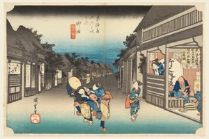 Goyu, naiset pidättelemässä matkustajia, Tokaido Roadin 53 asemalla (Tokaido Gojusan Tsugi-no Uchi) tekijältä Ando Hiroshige