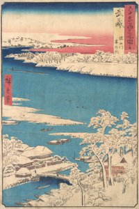 Aamu lumisateen jälkeen, Sumida-joki, Musashin maakunta, sarjasta Views o..., ca. 1853. tekijältä Ando Hiroshige