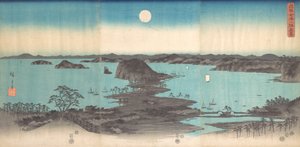 Panoraama Kanasawan kahdeksasta näkymästä täysikuun alla, 1857, 1857. tekijältä Ando Hiroshige