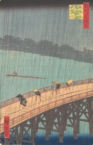 Sudden Shower over Shin-Ohashi Bridge and Atake Ohashi Atake no yudachi, from the series..., 1857.  tekijältä Ando Hiroshige