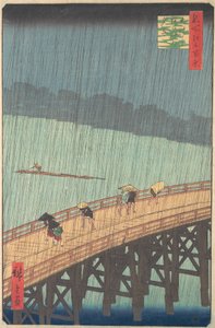 Sudden Shower over Shin-Ohashi Bridge and Atake Ohashi Atake no yudachi, from the series..., 1857.