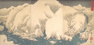 Kiso-vuoret lumessa, päivätty 8. käärmekuukaudelta..., päivätty Käärmevuoden 8. kuukaudelta, 1857. tekijältä Ando Hiroshige