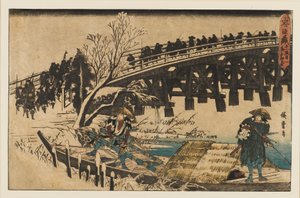 Woodblock print - Kaksi miestä veneessä sillan alla, 1797-1858 tekijältä Ando Hiroshige