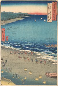 Yasashi Beach, joka tunnetaan nimellä Kujukuri, Kazusan maakunta, sarjasta Views of Famous Pla..., ca. 1853. tekijältä Ando Hiroshige