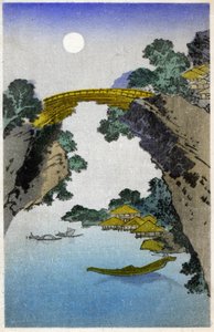 Maantiede. Japani. Silta. Hiroshigen puupiirros: Fifty Three Stations of the Tokaido (1833-1834). Postikortti, Japani, noin 1900 (postikortti).