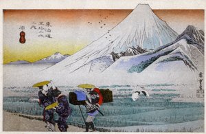 Maantiede. Japani. Hara, Mount Fuji in the Morning (13. asema). Hiroshigen puupiirros: Fifty Three Stations of the Tokaido (1833-1834). Postikortti, Japani, noin 1900 (postikortti).