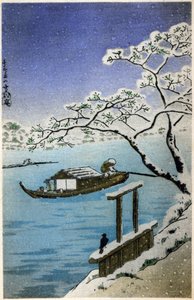 Maantiede. Japani. Joki talvella. Hiroshigen puupiirros: Fifty Three Stations of the Tokaido (1833-1834). Postikortti, Japani, noin 1900 (postikortti).
